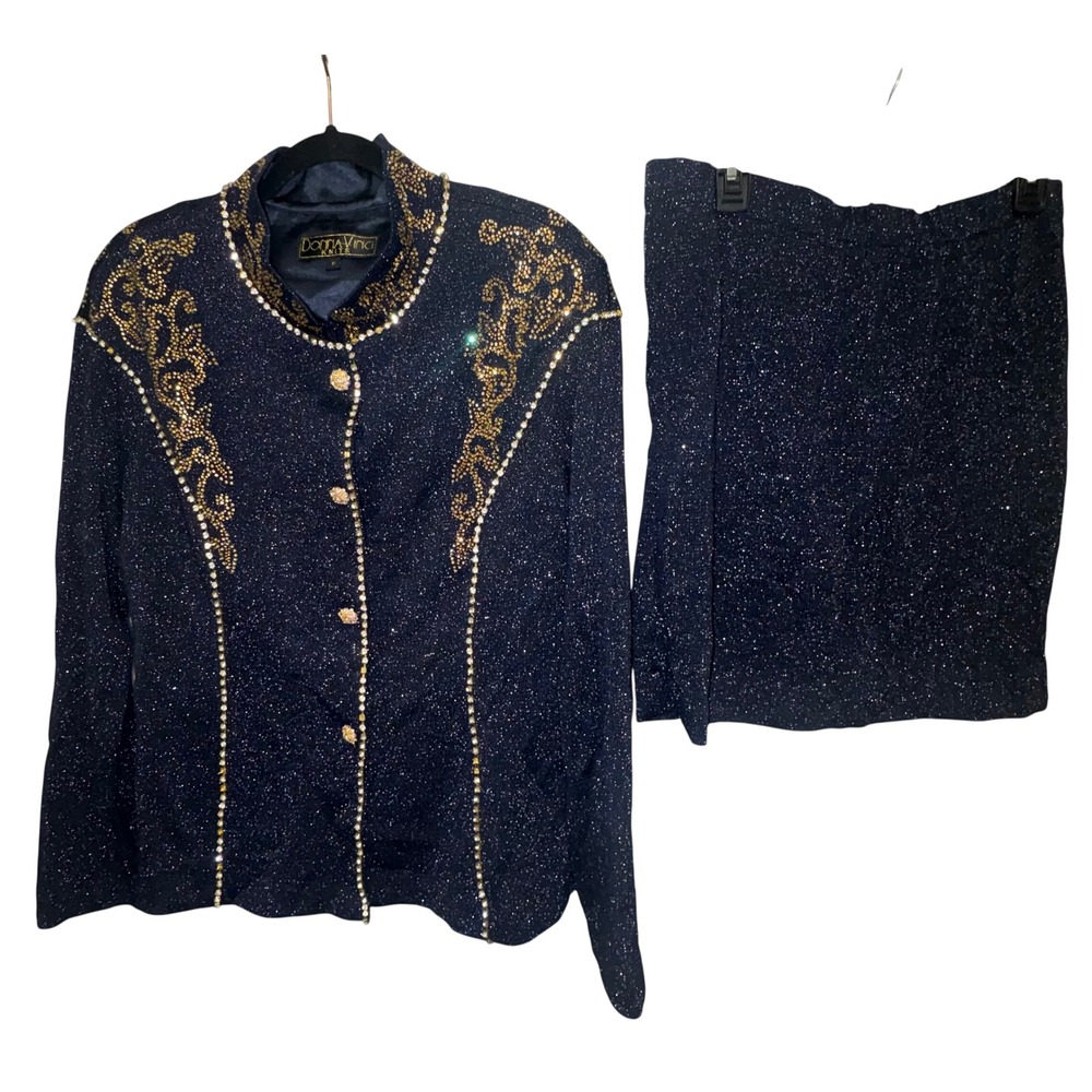 Donna Vinci Knits Vintage Navy Blue Gold Metallic Rhinestone Skirt Suit Set 18